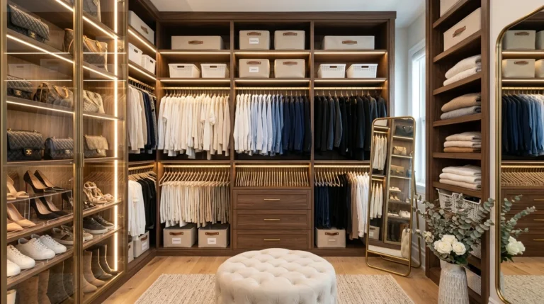 Beautifully organized modern closet with shelves, matching hangers, and storage bins