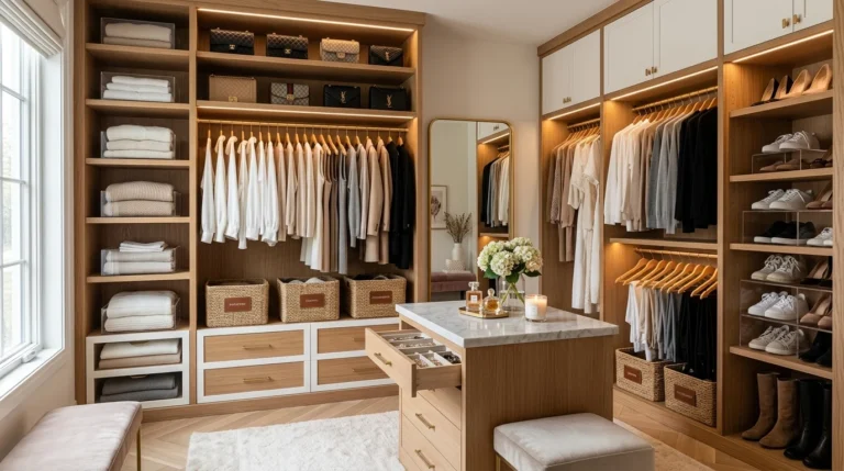 Efficient organized closet with shelves, baskets, clothing storage, and modern wardrobe design