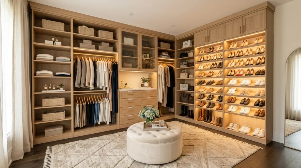 Luxury walk-in closet with organized shelves, drawers, and elegant storage