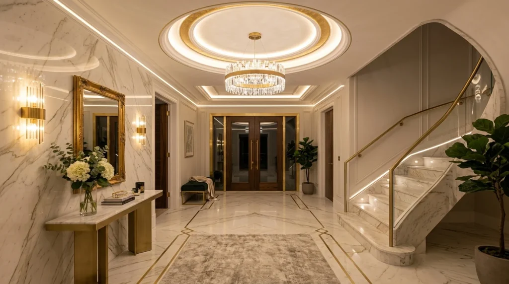 Luxury marble entryway with circular LED lighting and elegant gold accents