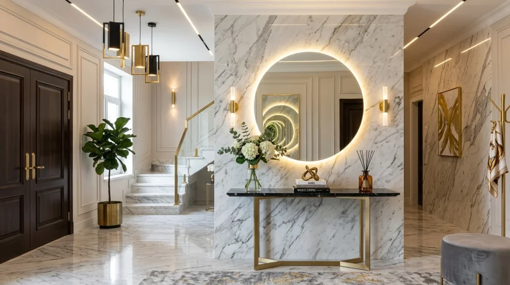 Luxury marble entryway with circular LED mirror and gold accents