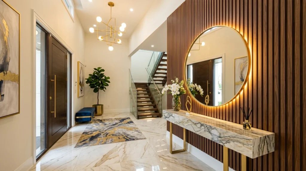 Luxury marble entryway with LED mirror, wood slats, and elegant modern decor