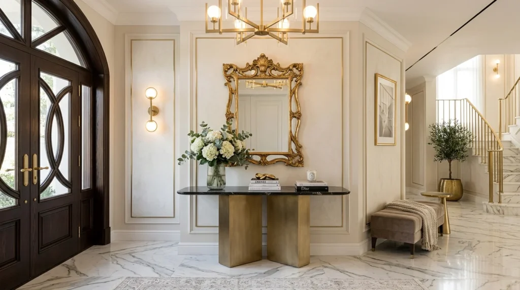 Scandinavian entryway with light wood furniture, white walls, neutral decor, cozy modern styling