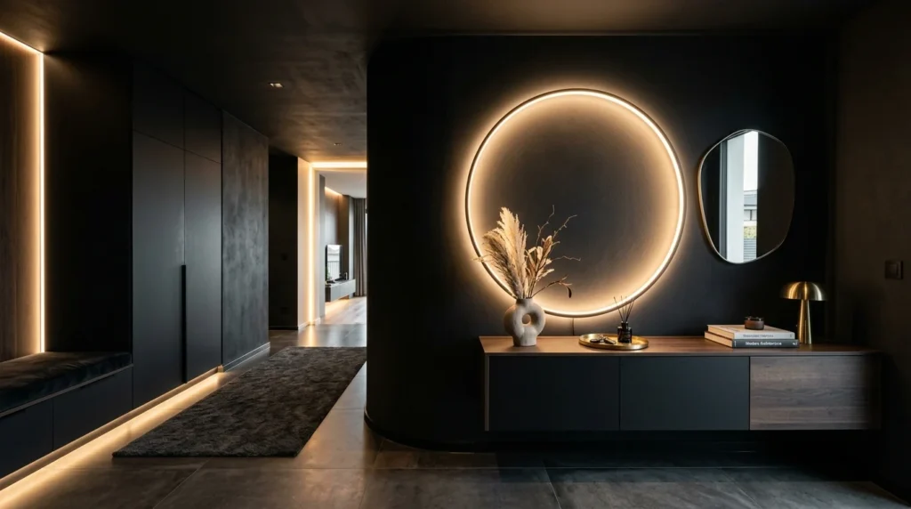Matte black entryway with circular LED lighting and warm ambient glow