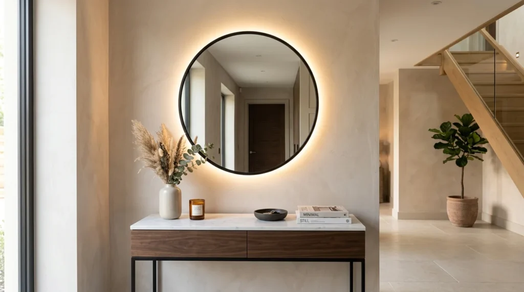 Minimalist entryway with circular LED mirror and modern neutral decor