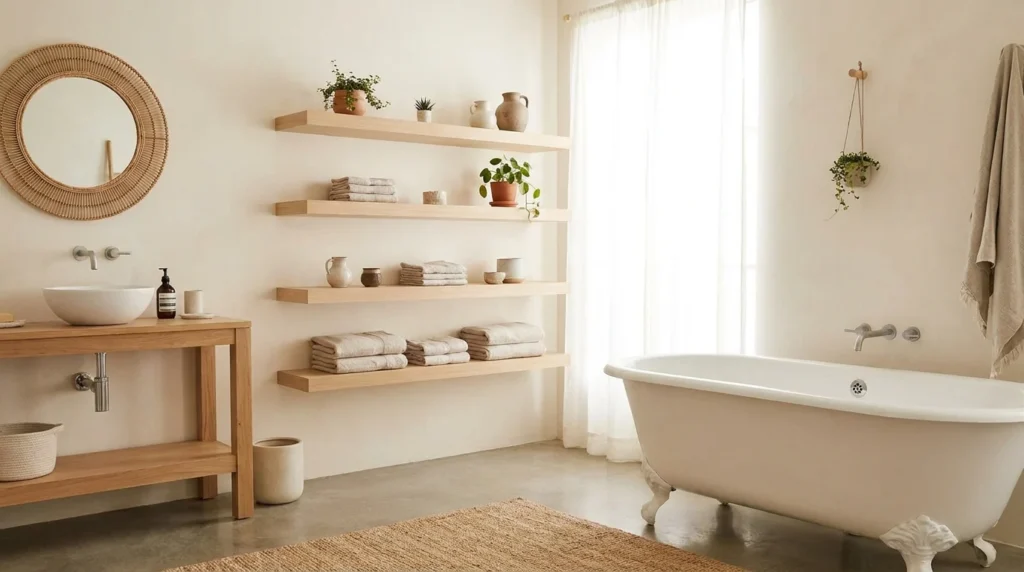 Minimalist boho bathroom with floating shelves, woven mirror, and neutral decor