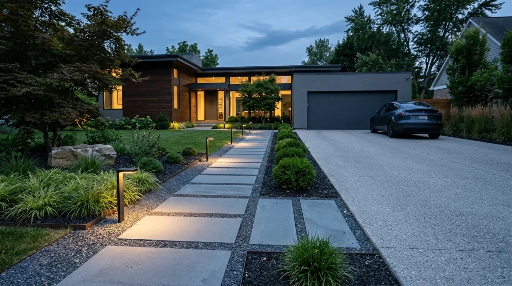 Minimalist driveway landscaping with clean pathways and modern greenery