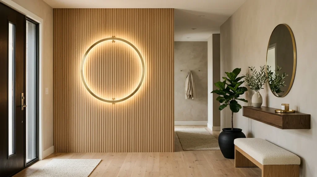 Minimalist entryway with circular LED wall lighting and modern neutral decor