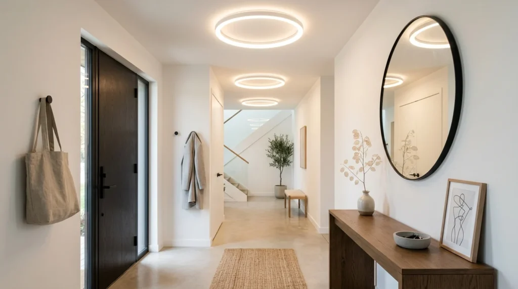 White minimalist entryway with circular LED lighting and clean modern decor