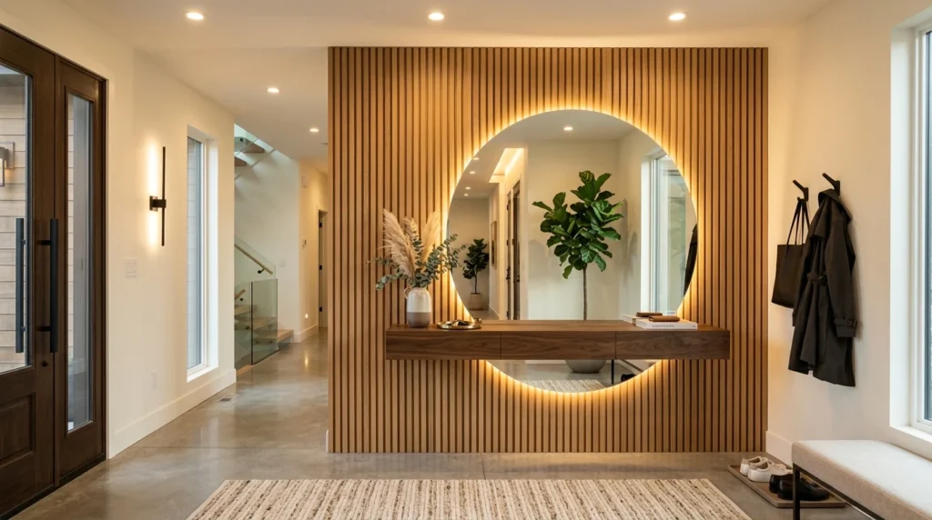 Minimalist entryway with LED mirror, floating console, and vertical wood slat wall