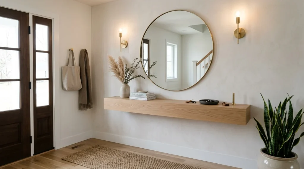Minimalist modern entryway with floating console table and neutral decor
