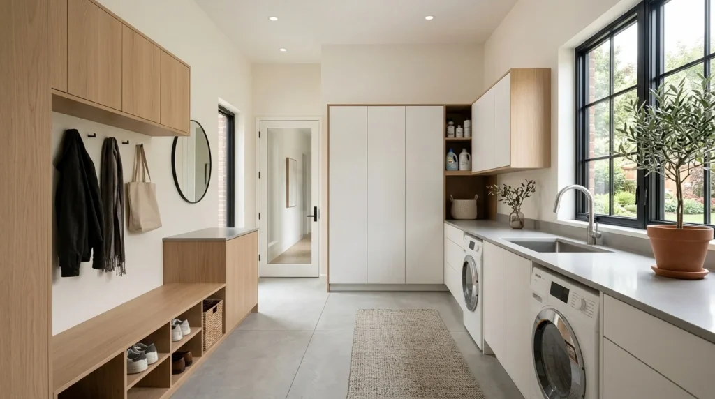 modern minimalist mudroom laundry combo clean lines neutral tones storage