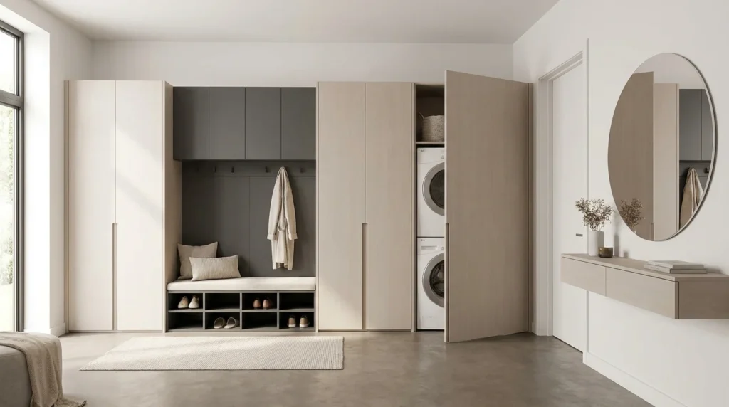 Modern minimalist mudroom laundry combo with sleek cabinets and neutral decor