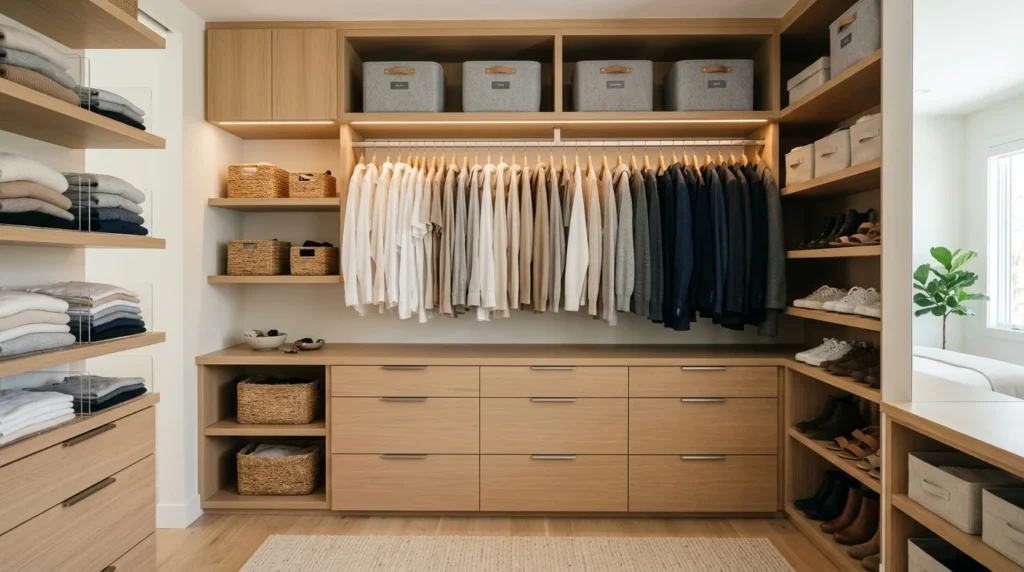 Minimalist closet with neutral shelving and clean organized wardrobe setup
