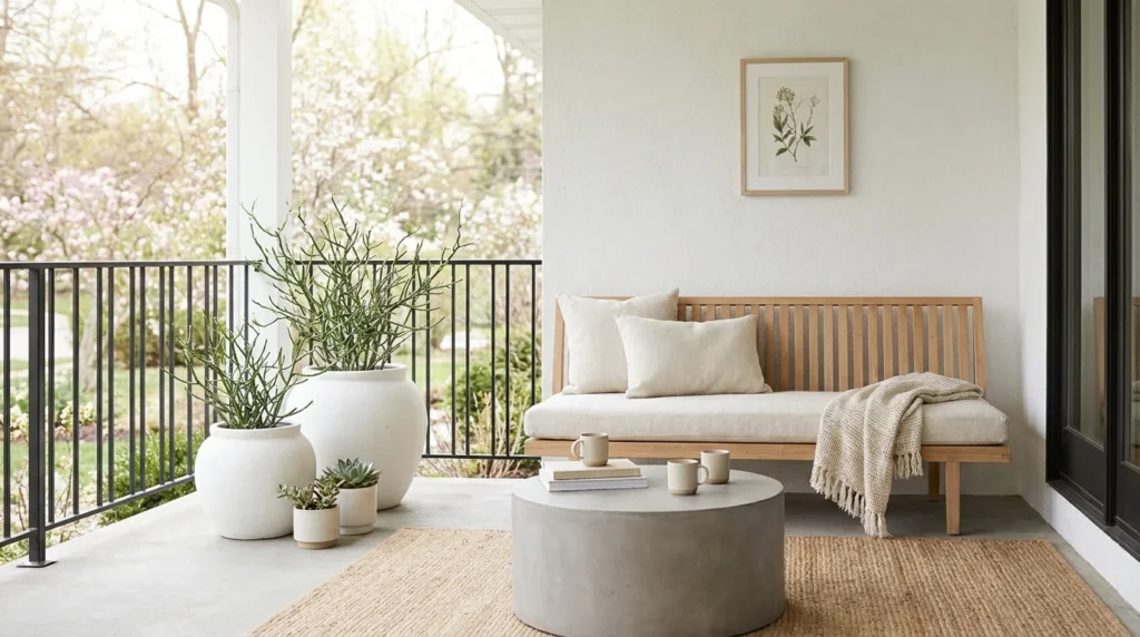 Minimalist spring porch with neutral decor, greenery, and modern outdoor seating