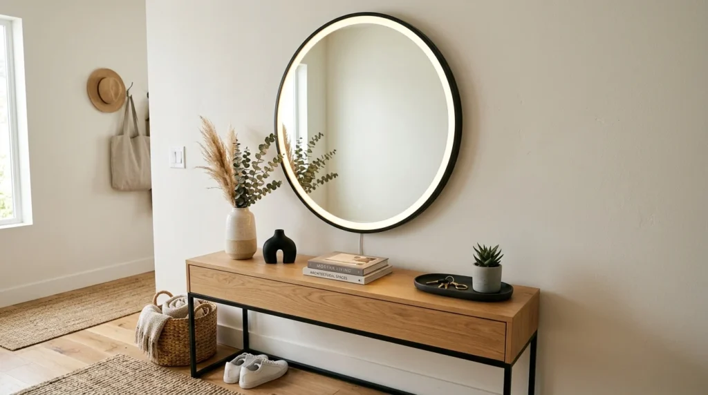 Black-framed circular LED mirror with modern wood console decor