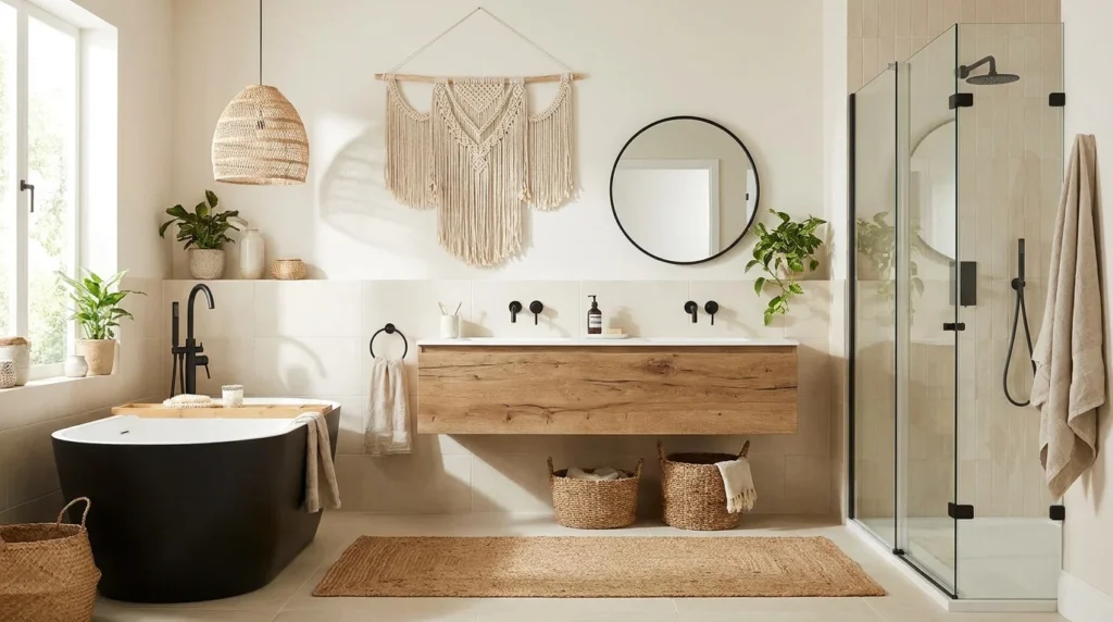 Modern boho bathroom with black fixtures, wooden vanity, and woven textures