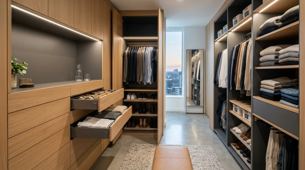 Modern closet with hidden storage drawers and sleek cabinet organization