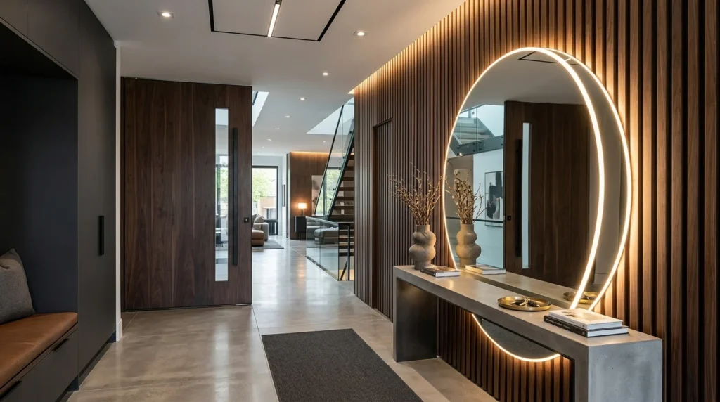 Ultra modern entryway with large LED mirror and dramatic wood slat wall