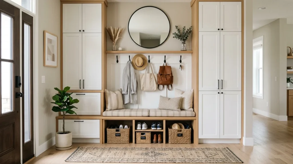 Modern entryway with built-in storage cabinets and organized bench seating