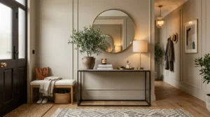 Modern stylish entryway with elegant decor, statement mirror, and neutral furniture styling