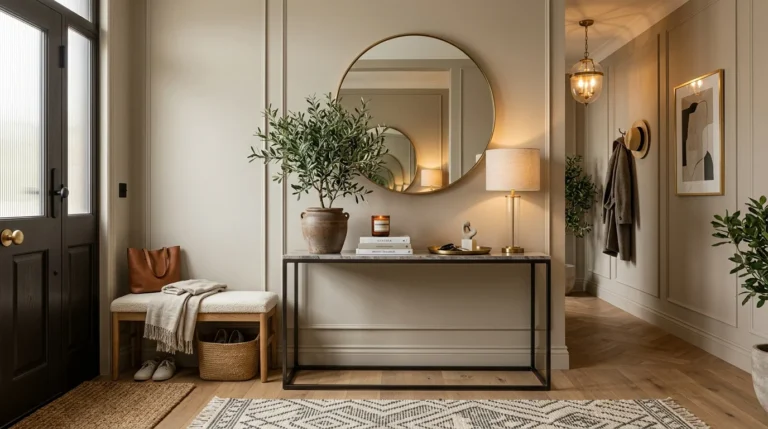 Modern stylish entryway with elegant decor, statement mirror, and neutral furniture styling