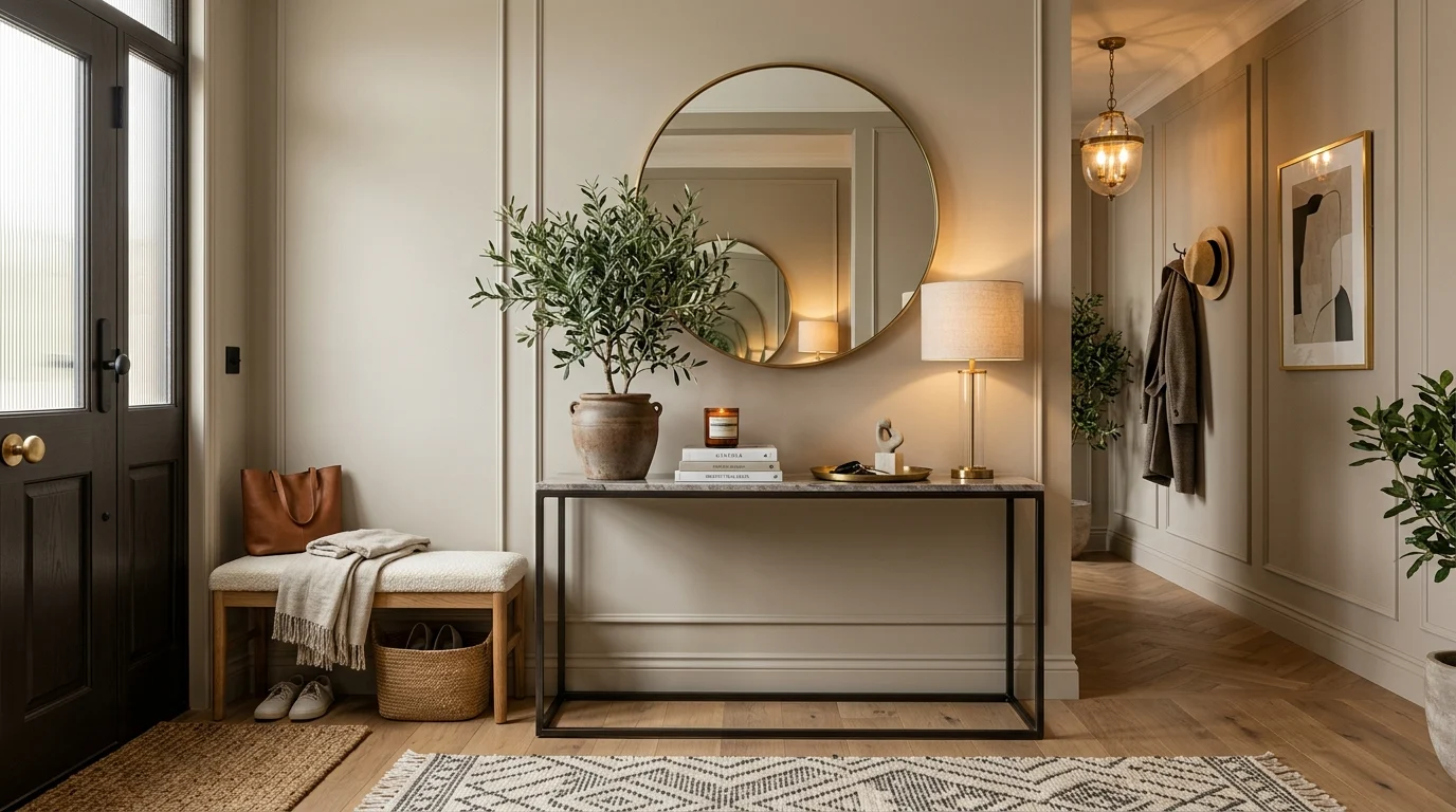 Modern stylish entryway with elegant decor, statement mirror, and neutral furniture styling