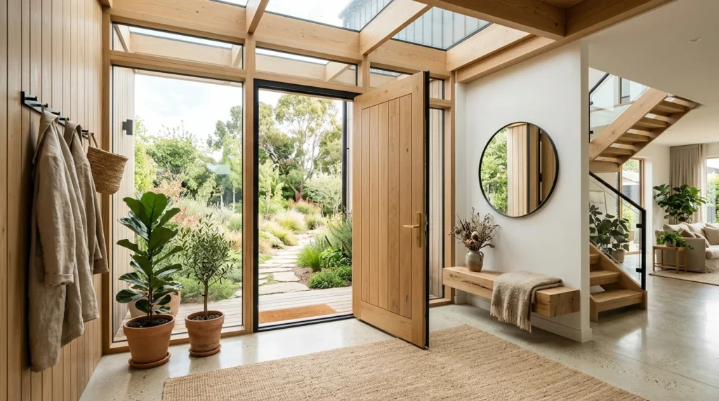 Modern glass and wood entryway with natural textures and neutral styling