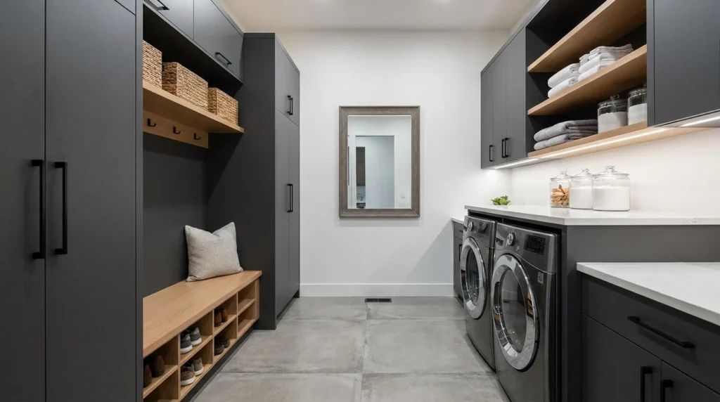Modern gray mudroom laundry combo with sleek storage cabinets and organized layout