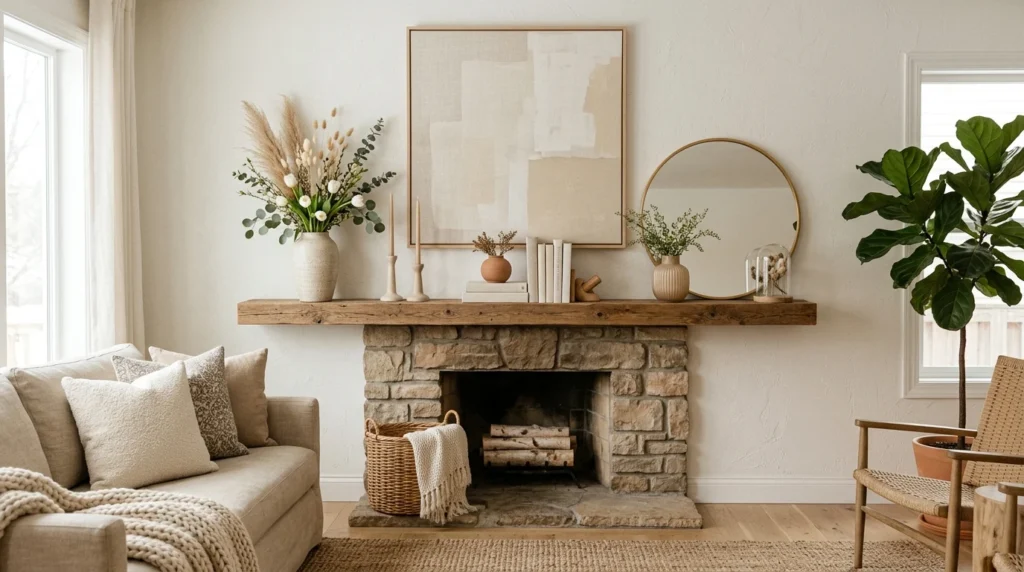 modern neutral spring mantel decor beige tones elegant cozy styling