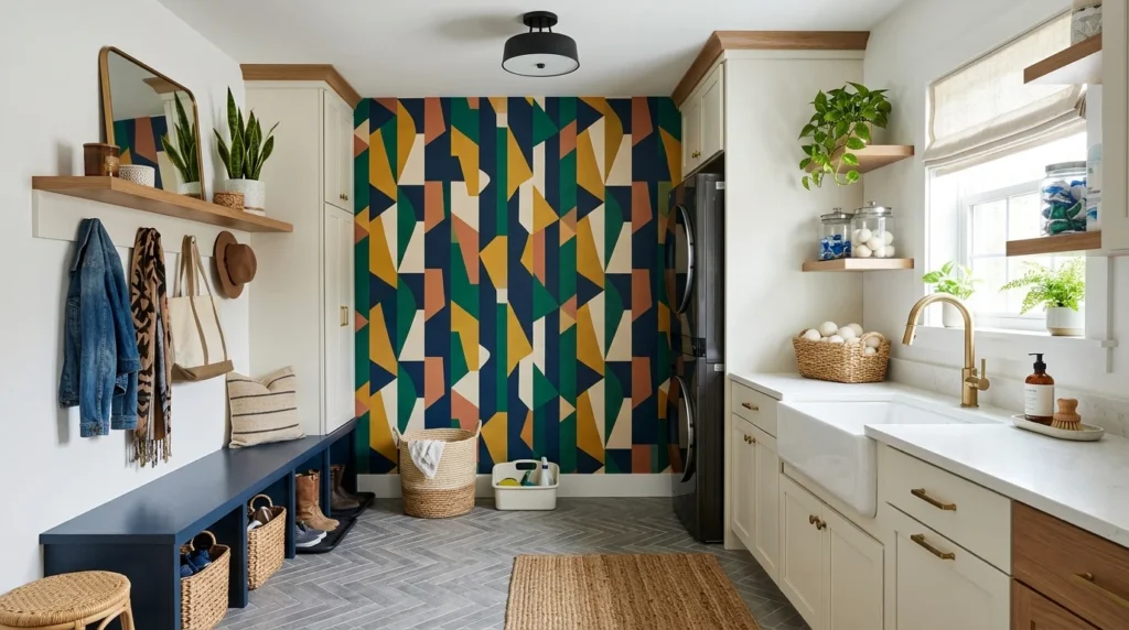 mudroom laundry combo accent wall bold modern stylish interior