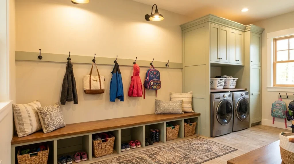 Mudroom laundry room with built-in bench seating and hidden storage