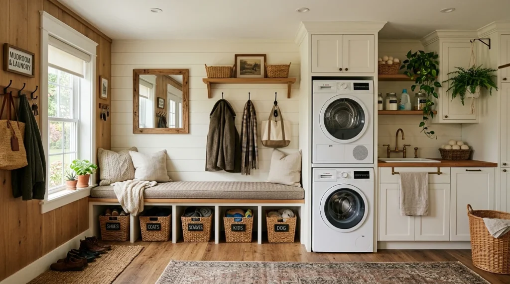 mudroom laundry combo bench seating storage underneath functional design