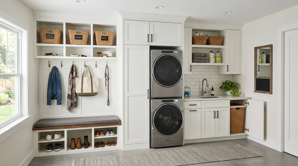mudroom laundry combo built in cabinets shelves organized storage space