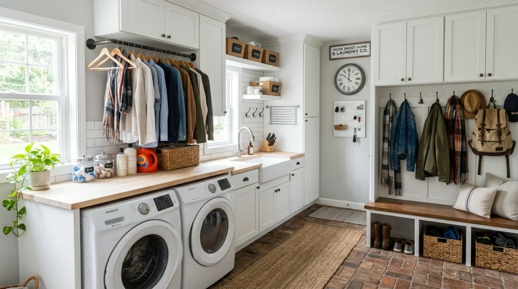 mudroom laundry combo hanging rod clothes drying organized space