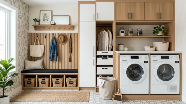 mudroom laundry combo modern organized space storage cabinets washer dryer design