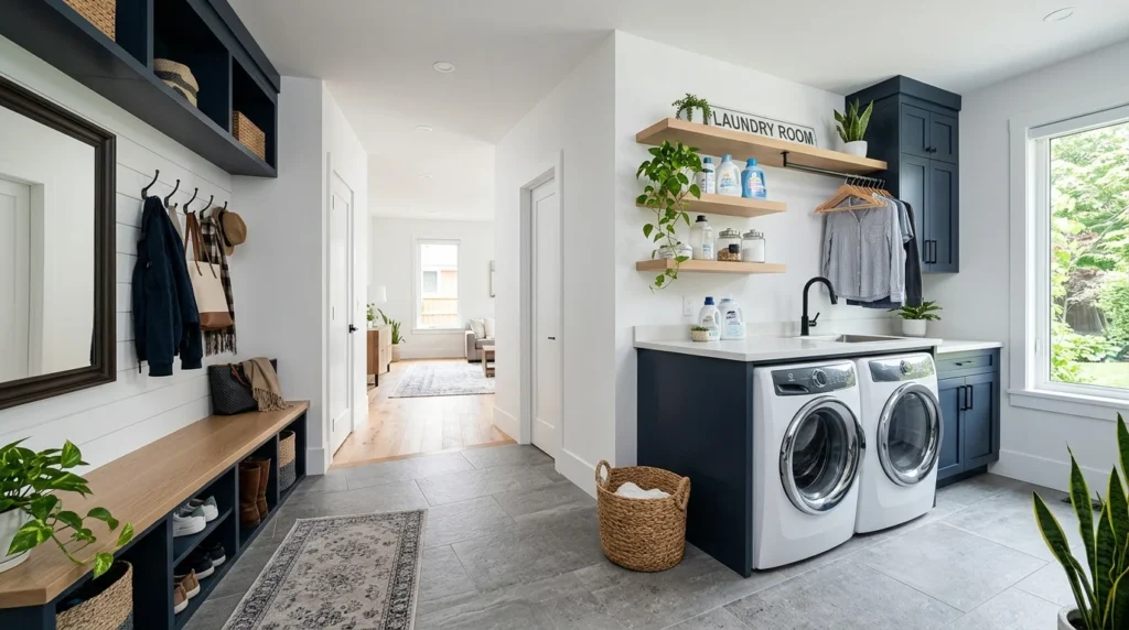 open concept mudroom laundry combo modern connected space washer dryer