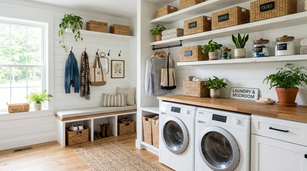 mudroom laundry combo open shelves baskets organized airy design