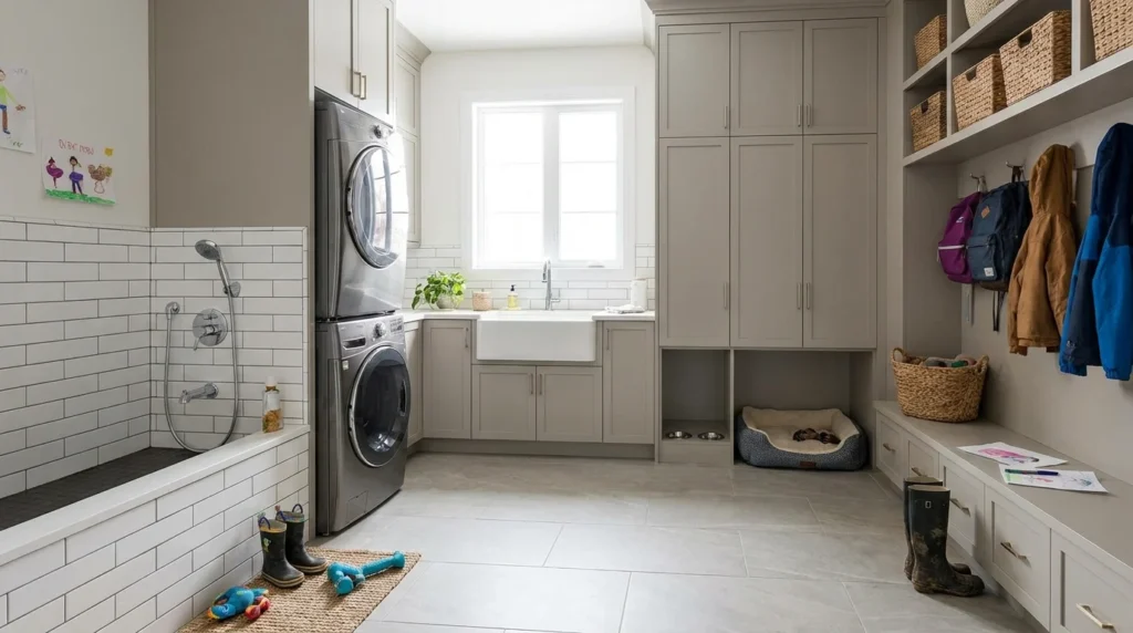 Mudroom laundry combo with built-in pet station and organized storage solutions