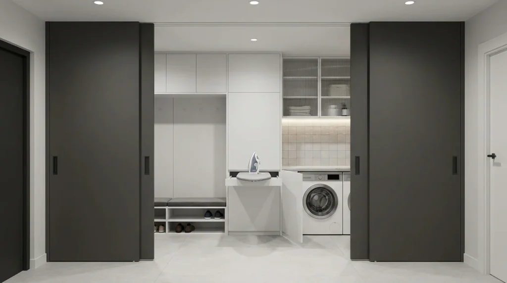 Hidden mudroom laundry combo with sliding doors and concealed washer dryer setup