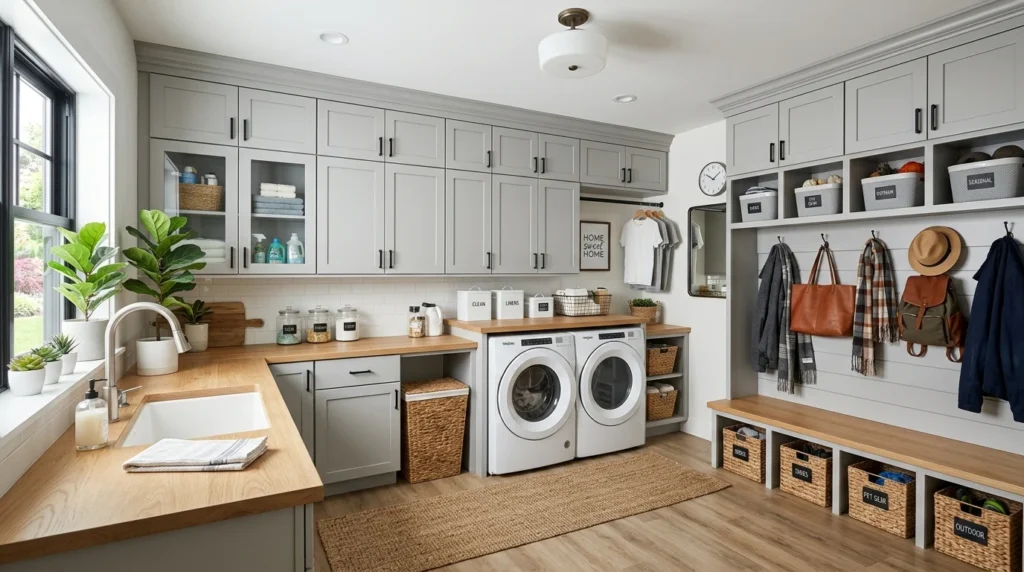 mudroom laundry combo overhead cabinets storage organized modern design