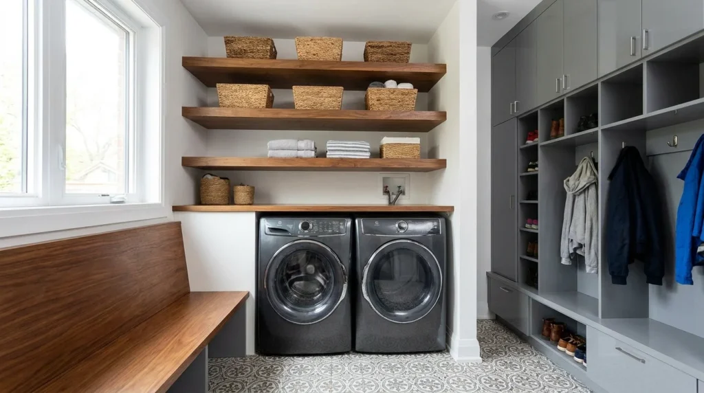 Compact mudroom laundry combo with stackable washer dryer and floating shelves