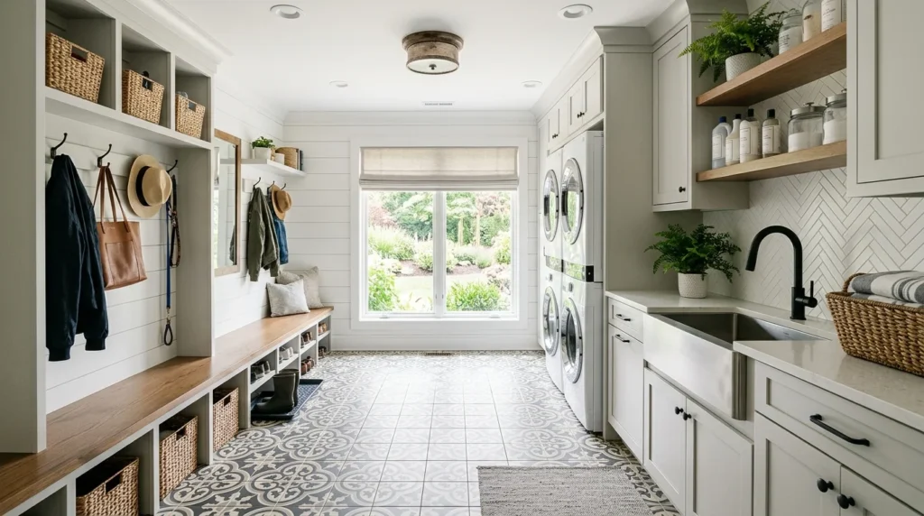 mudroom laundry combo tile flooring durable clean modern space