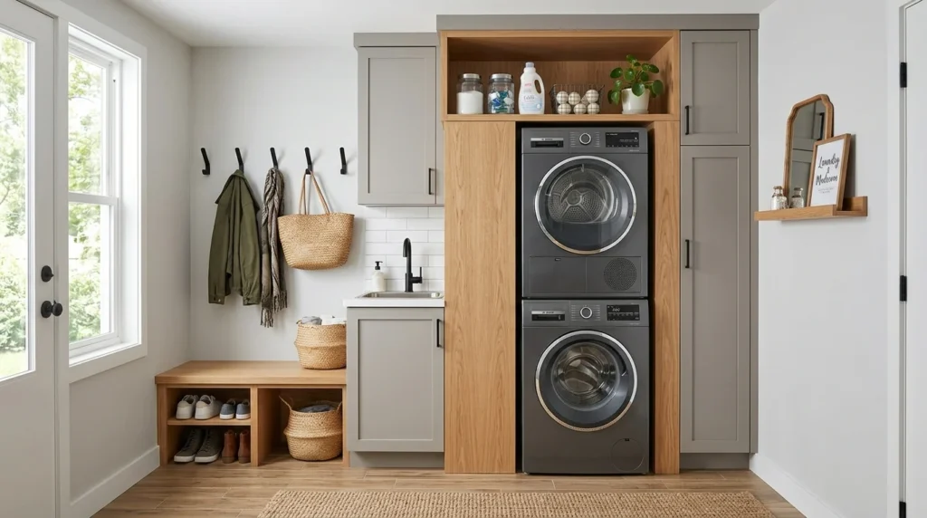 small mudroom laundry combo stackable washer dryer compact modern design