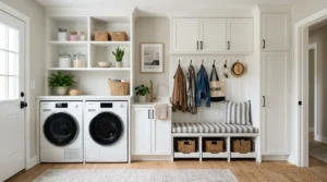 smart mudroom laundry combo modern storage washer dryer organized entryway design