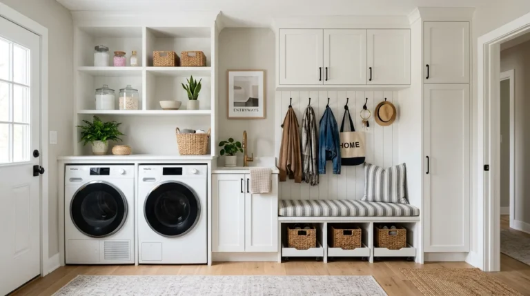 smart mudroom laundry combo modern storage washer dryer organized entryway design