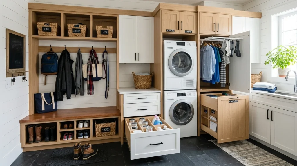 mudroom laundry combo smart storage drawers hidden compartments organized