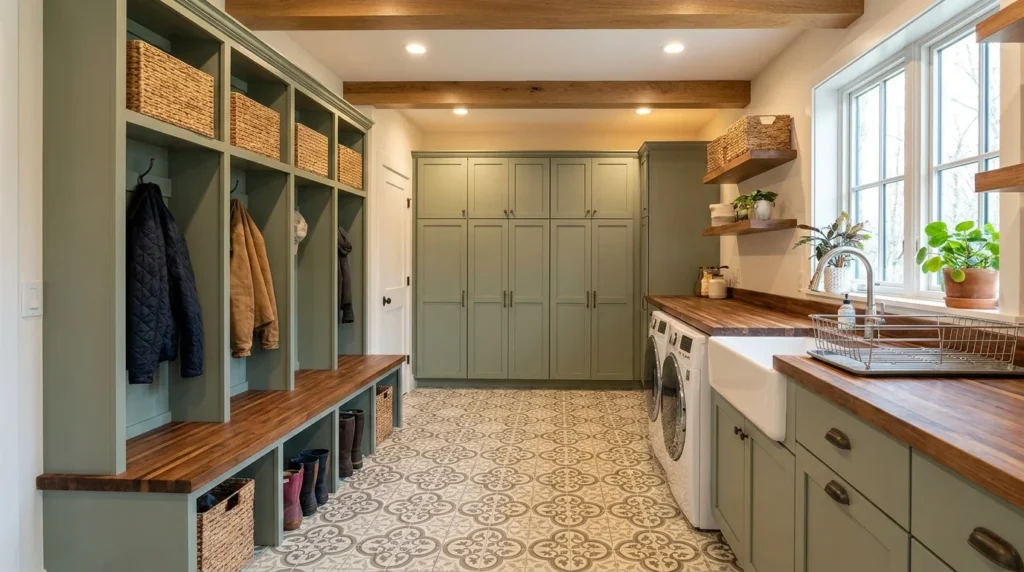 Multi-functional mudroom laundry combo with built-in storage and folding station