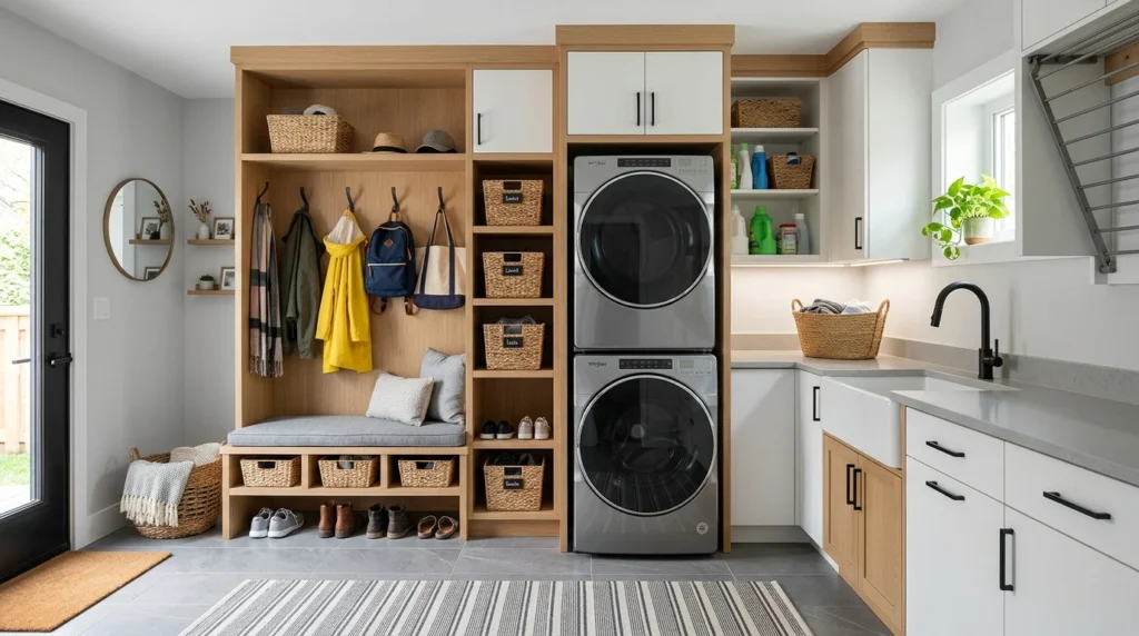 multifunctional mudroom laundry combo storage seating efficient layout design