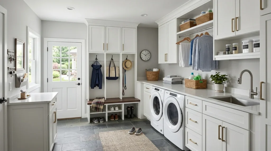 multifunctional mudroom laundry combo storage seating washer dryer layout